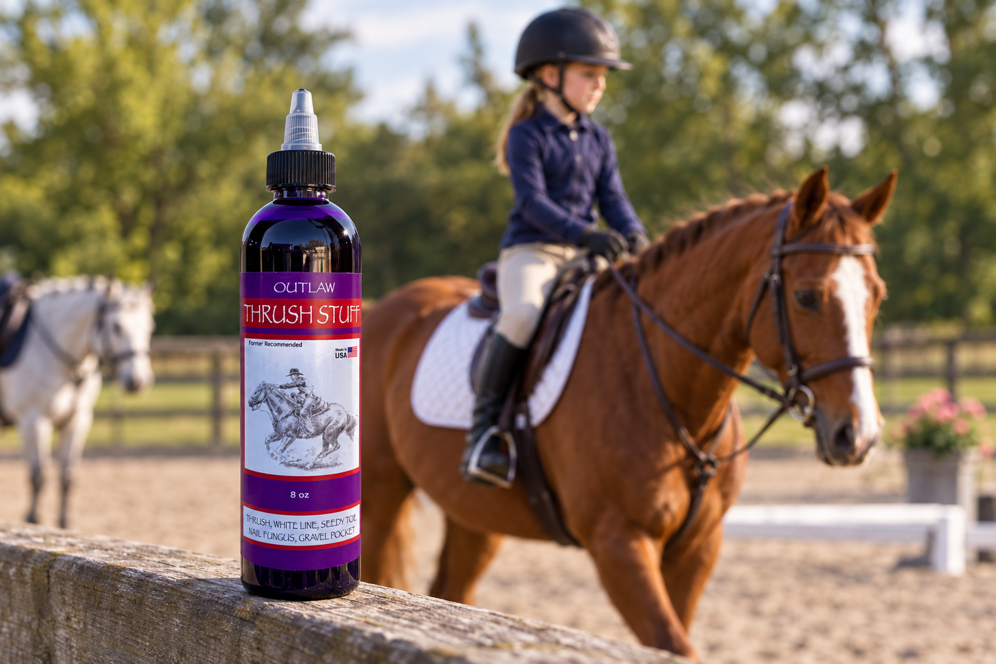 A bottle of Outlaw Thrush Stud horse grooming product stands in the foreground on a wooden rail, with a blurred equestrian scene in the background showing a rider on a brown horse in an outdoor stable.