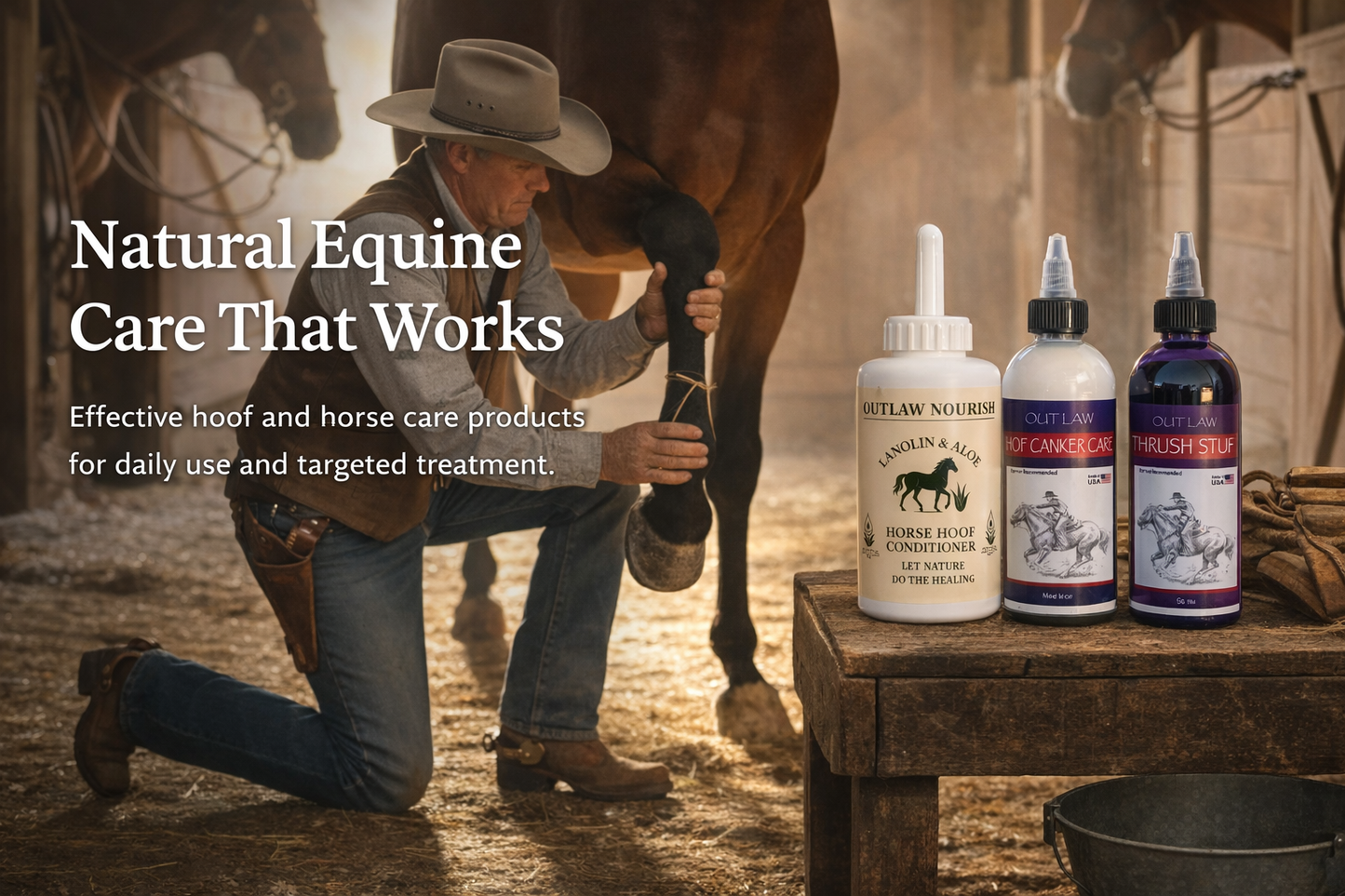 Man attending to a horse's hoof with natural equine care products displayed on a table.