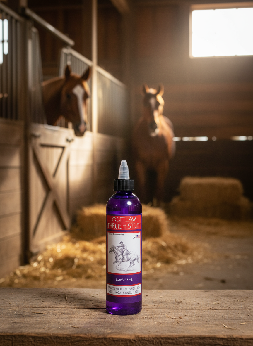 Bottle of Outlaw thrush Stuff on a wooden surface with horses in the background.