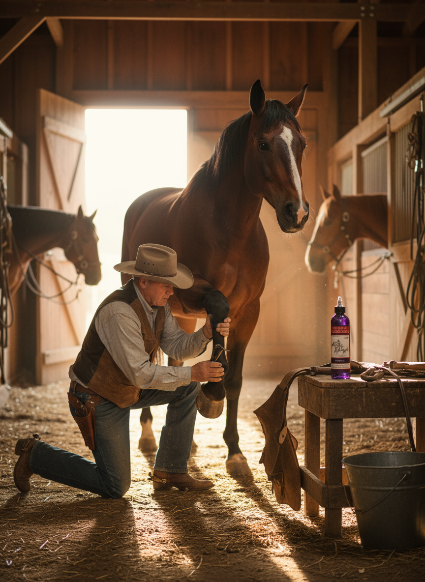 Cowboy tending to a horse with Outlaw thrush stuff in a barn with another horse in the background.