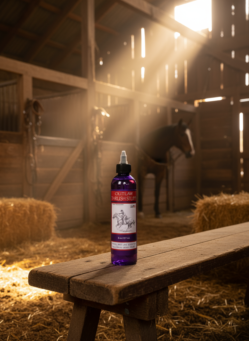 Bottle of 'Outlaw Formula' on a wooden bench in a barn with a horse in the background