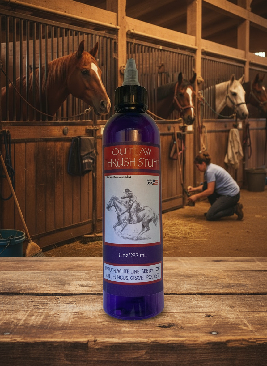Bottle of Outlaw Thrush Stuff on a wooden surface with horses in a stable in the background