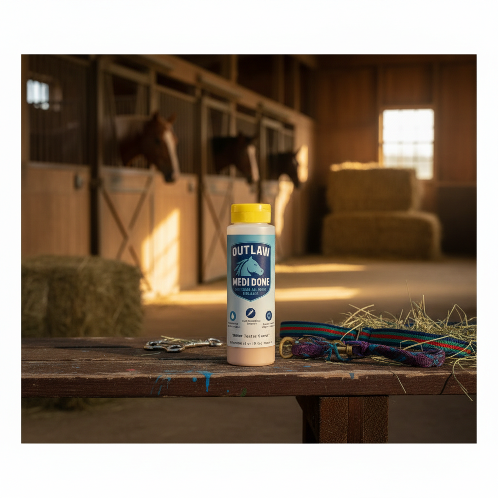 A bottle of Outlaw Medi Done horse supplement stands on a wooden table in a barn, with hay, tack, and horse stalls blurred in the background.