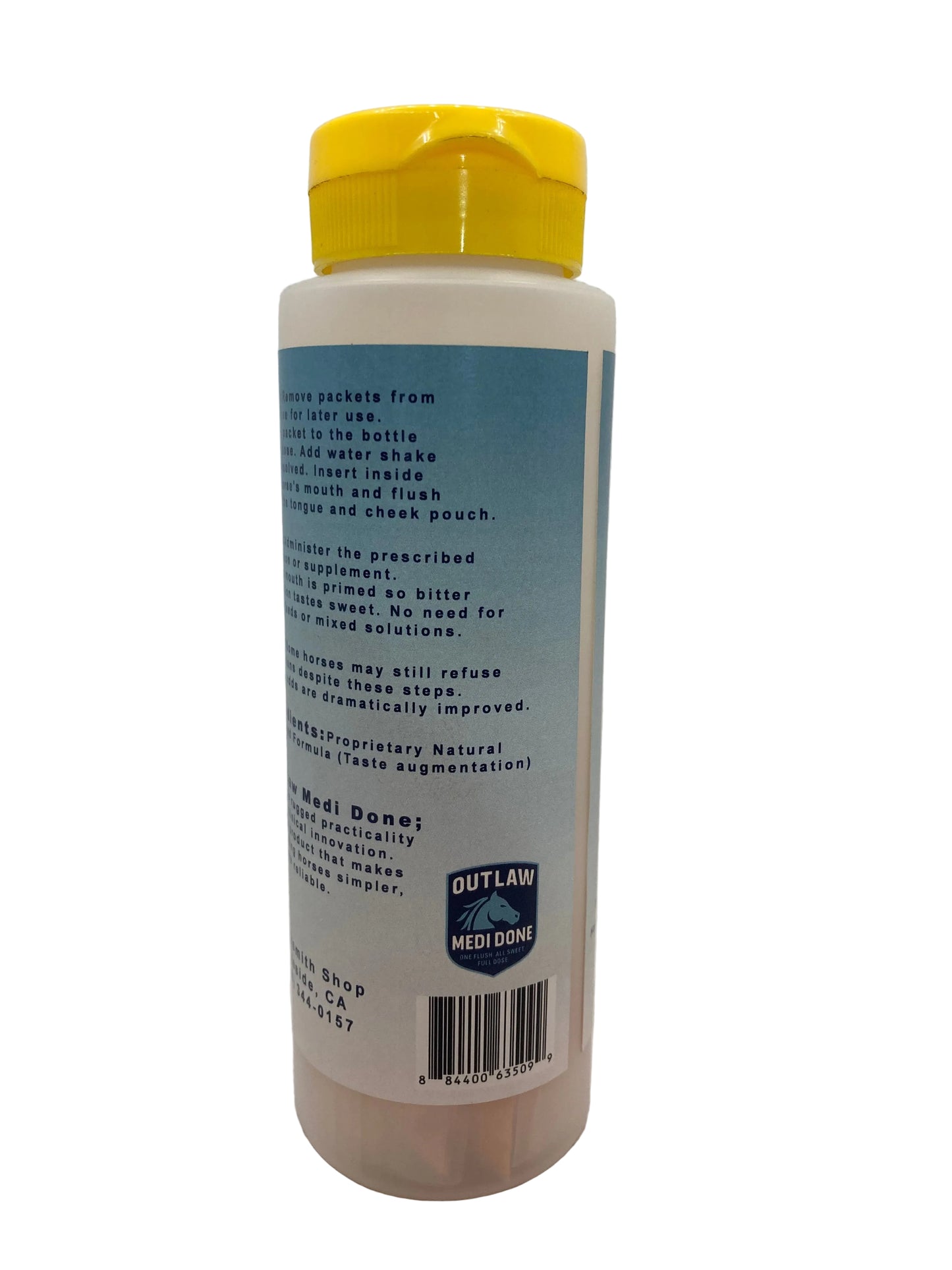 A bottle of Outlaw Medi Done supplement shown from the back, featuring a yellow cap, a white plastic bottle, and a light blue label with text and a barcode.