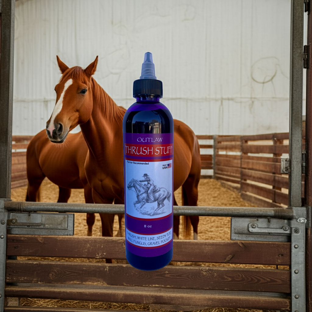 Thrush treatment for horses with horses in background in barn
