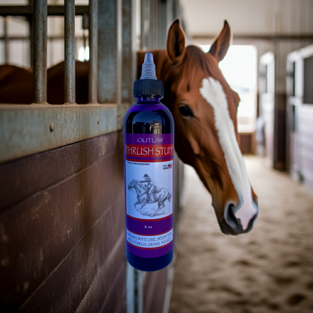 Outlaw Thrush Treatment for horses in barn with horses 