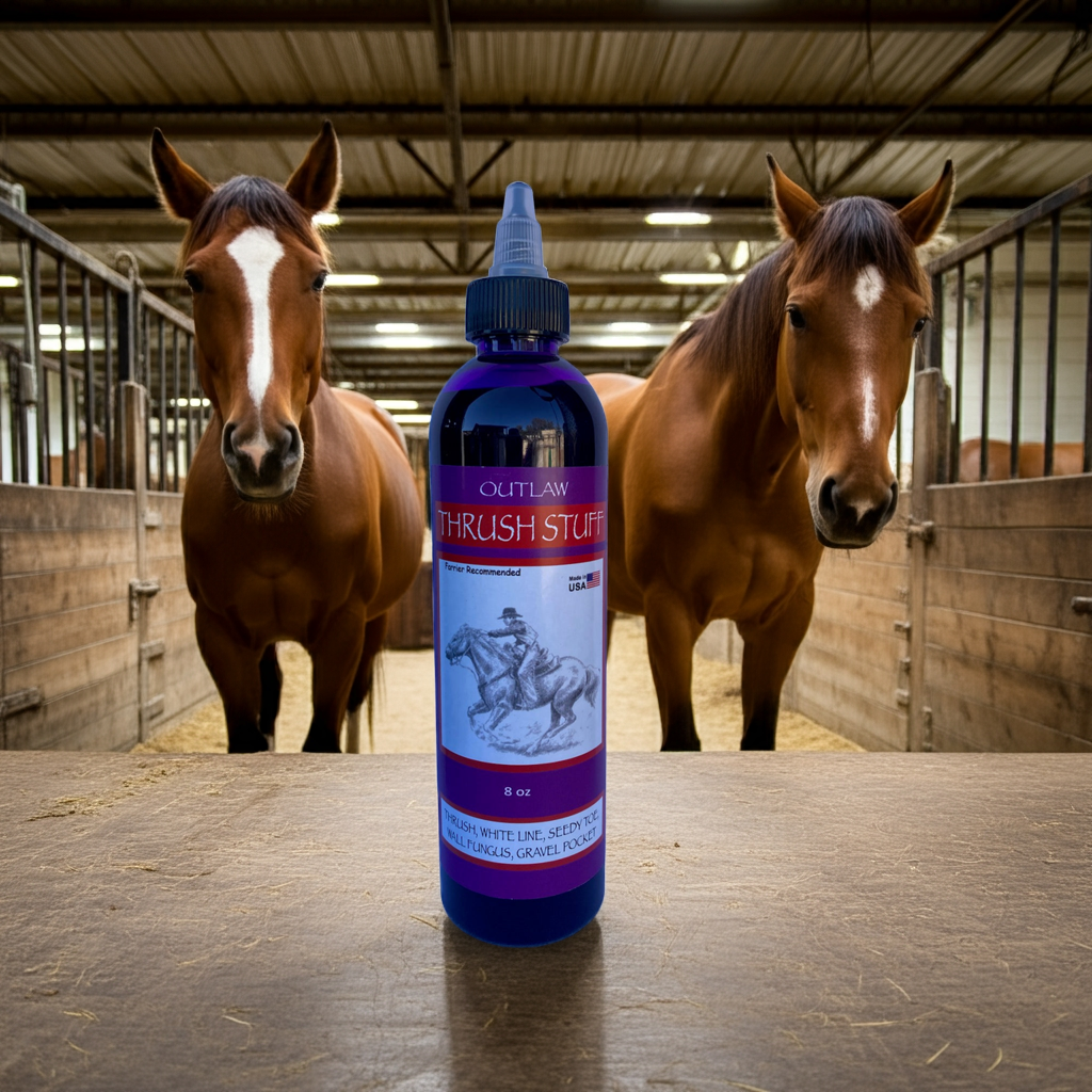 Thrush treatment for horses by Outlaw Thrush Stuff horses in background 